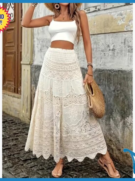 Crochet Maxi Skirt High Waist A-Line Floral Eyelet Lace Beach Cover Up - Picture 3 of 7